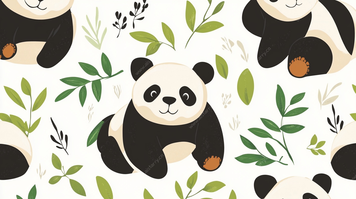 可爱熊猫与绿植无缝图案
