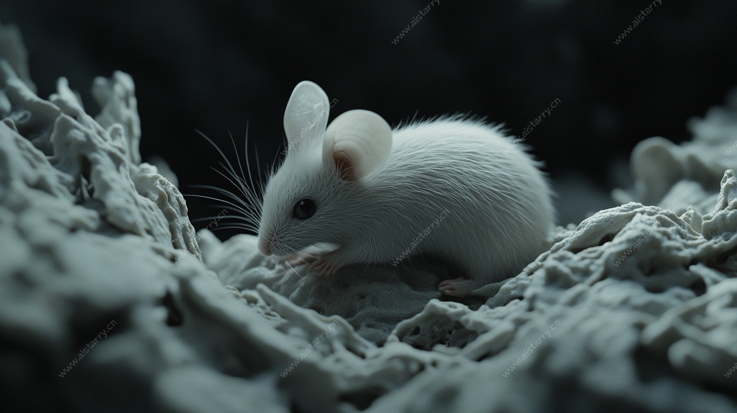 白色小鼠于岩石间的特写