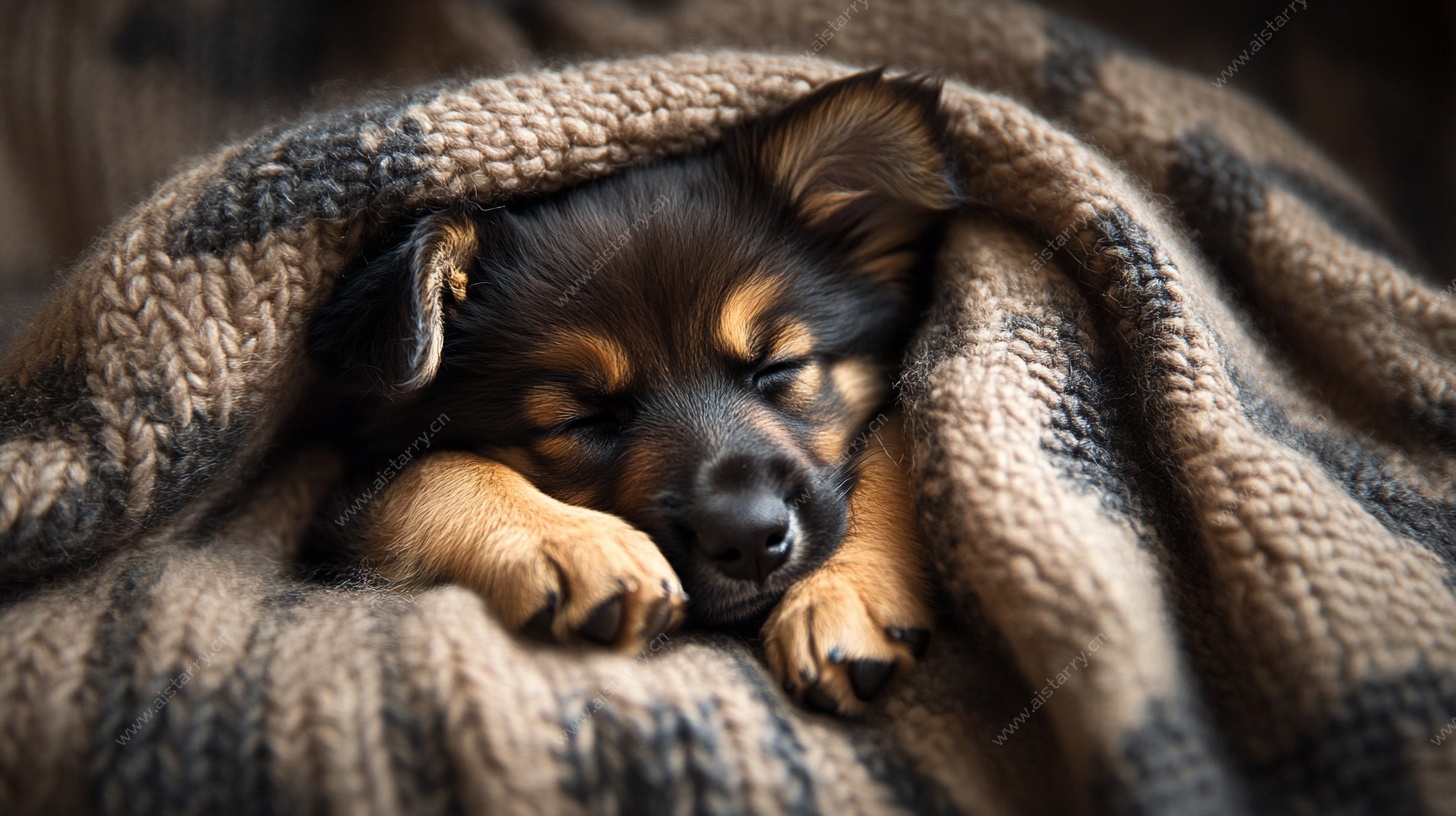 酣睡小狗裹于温暖毛毯中