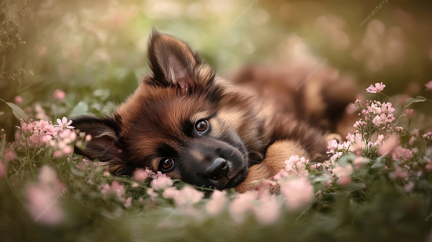 萌犬卧于花丛中