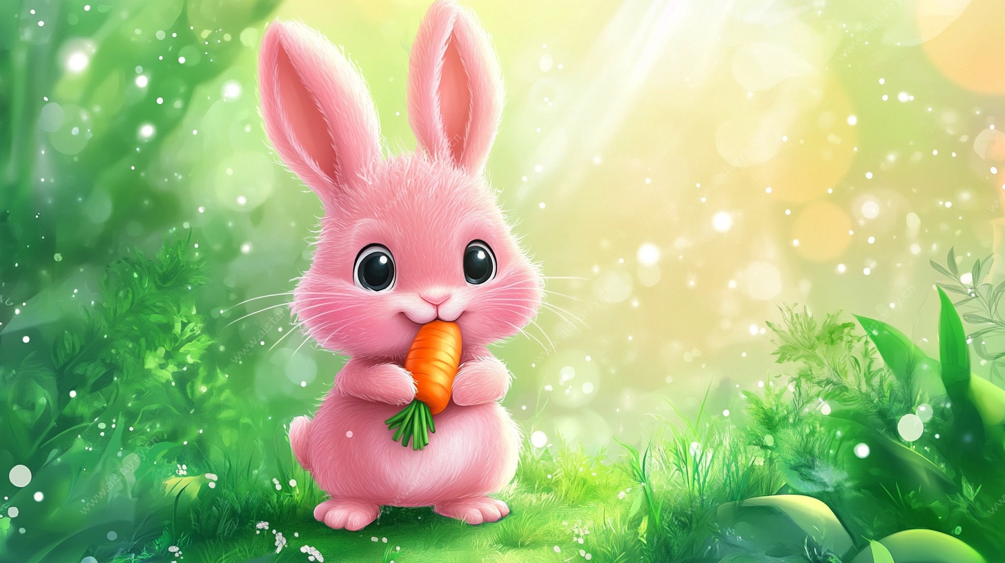 粉色萌兔抱萝卜在绿野