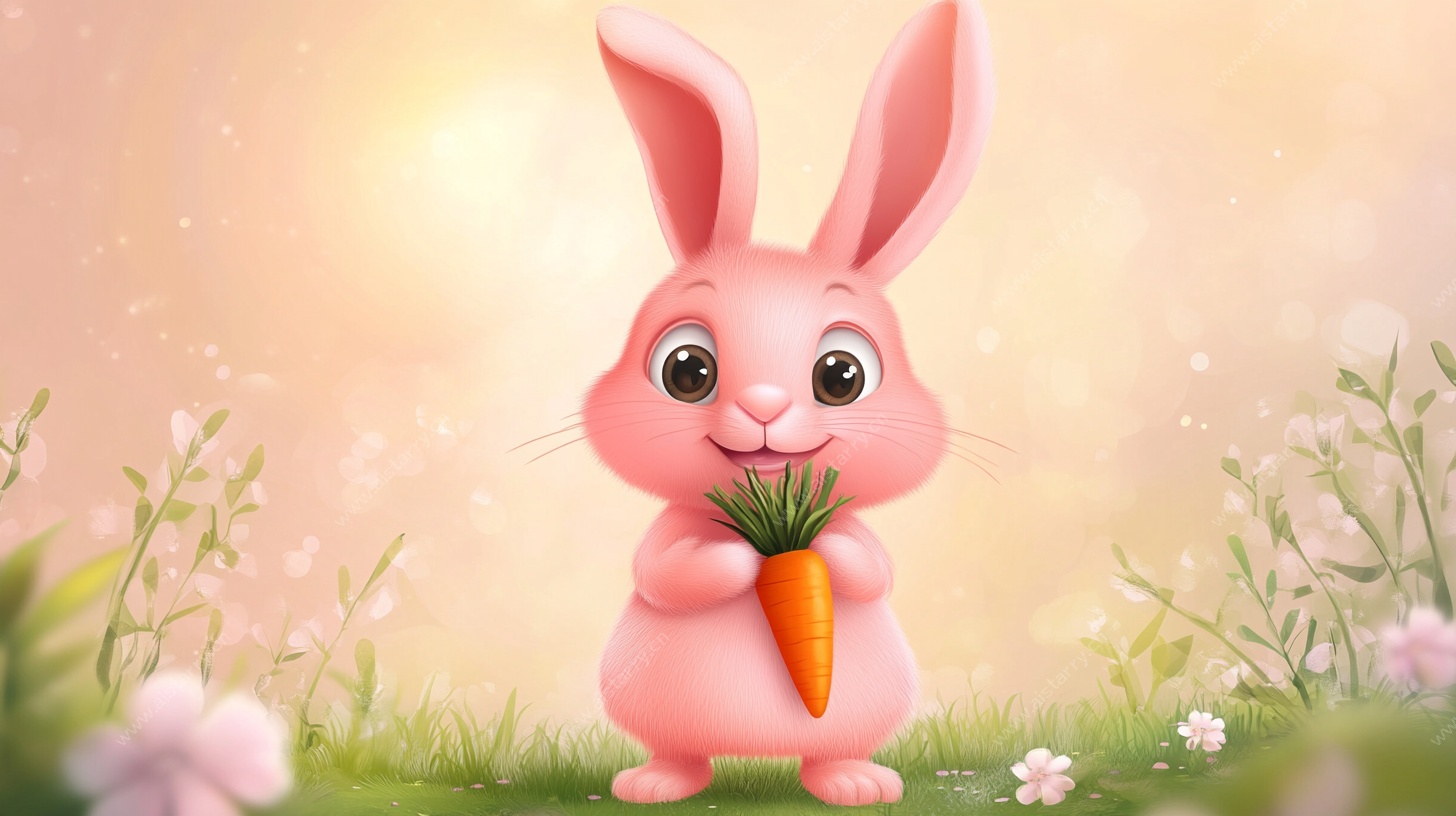可爱粉兔抱胡萝卜于花丛