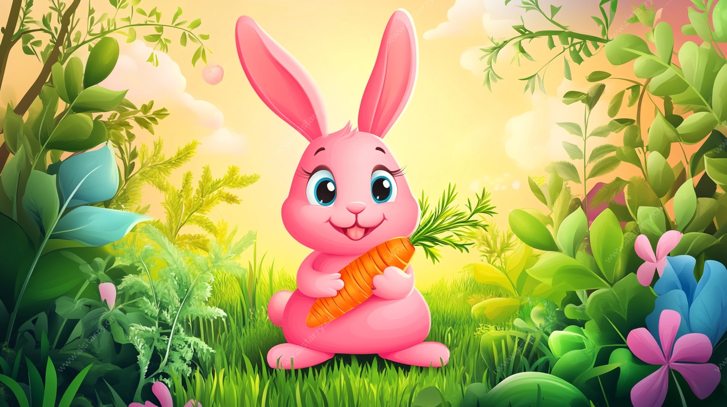 粉色萌兔抱萝卜于绿野