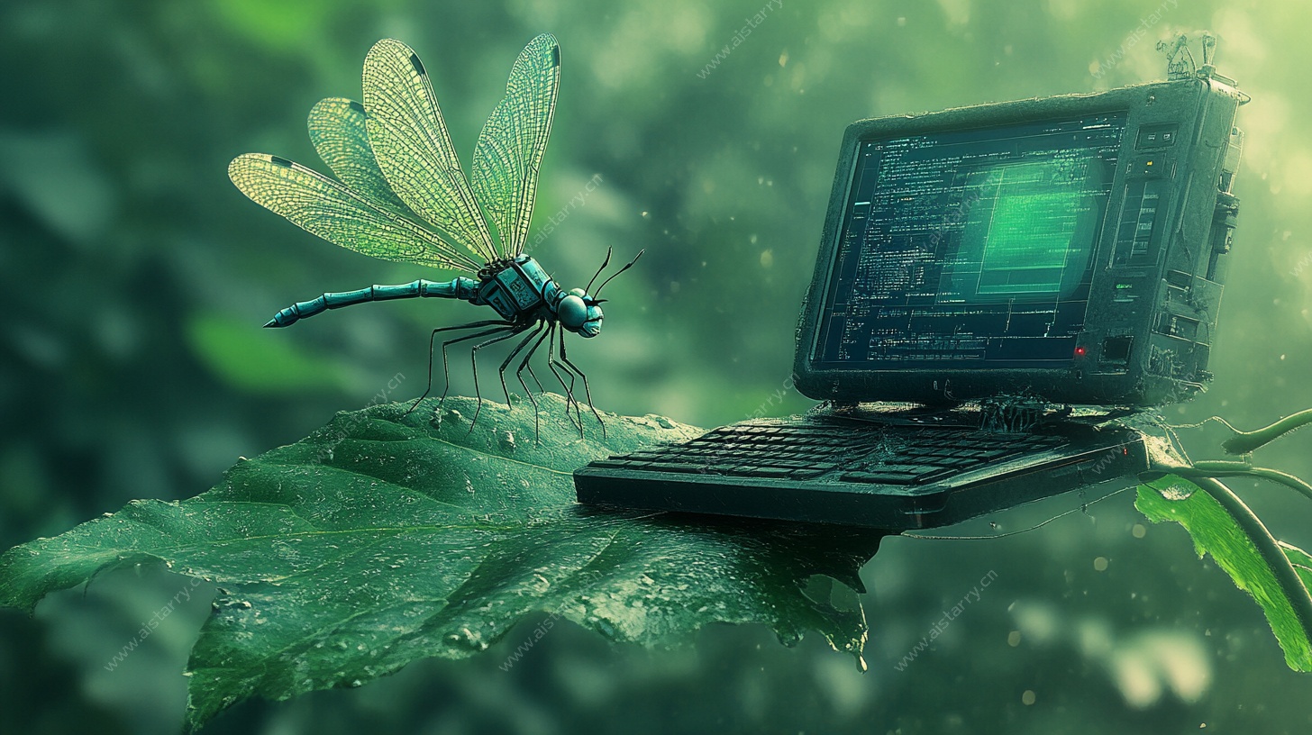 叶上蜻蜓与笔记本电脑奇幻景