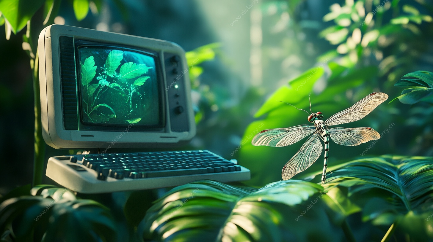 复古电脑与自然共生景象