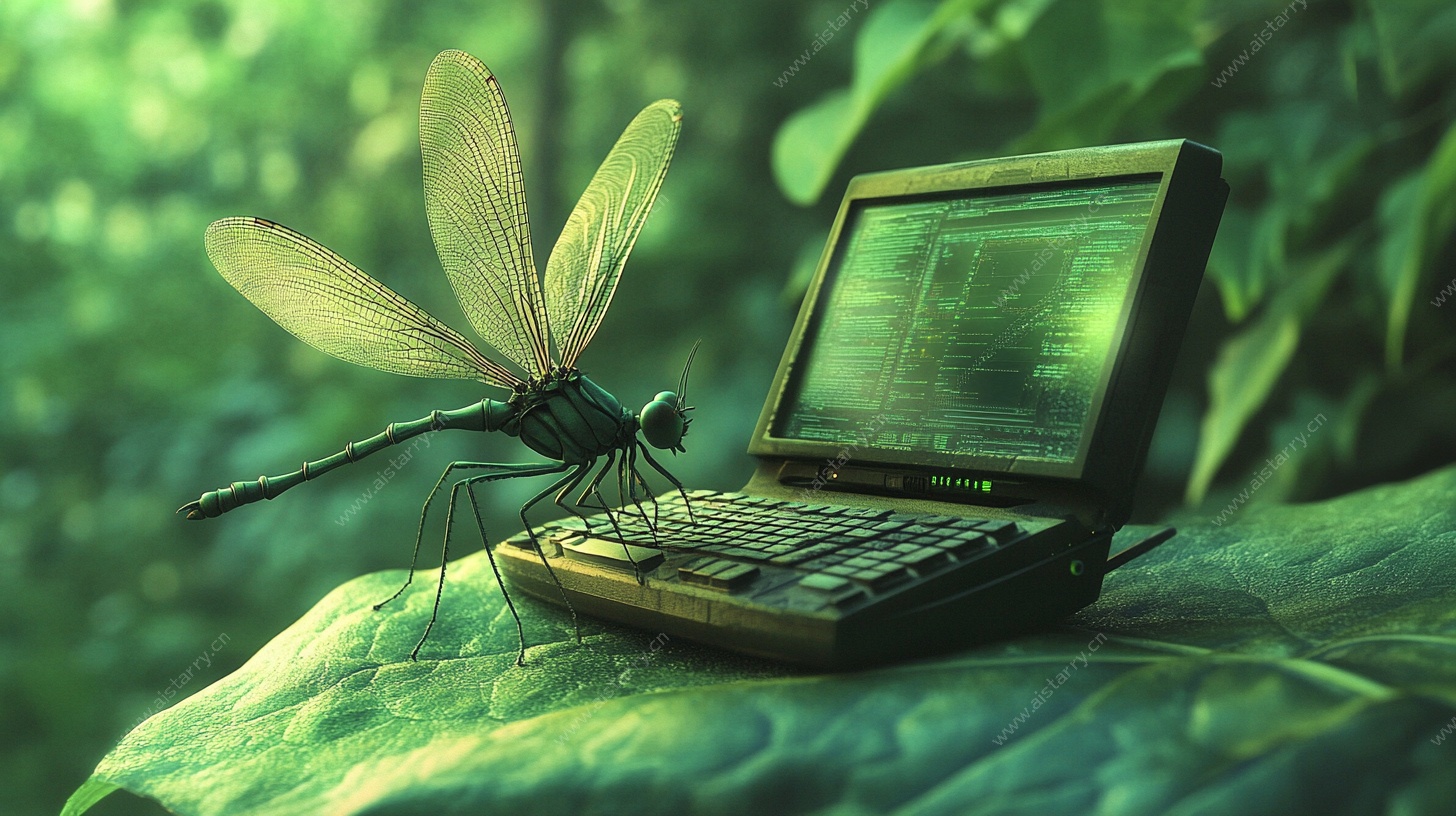 蜻蜓于叶上操作笔记本电脑