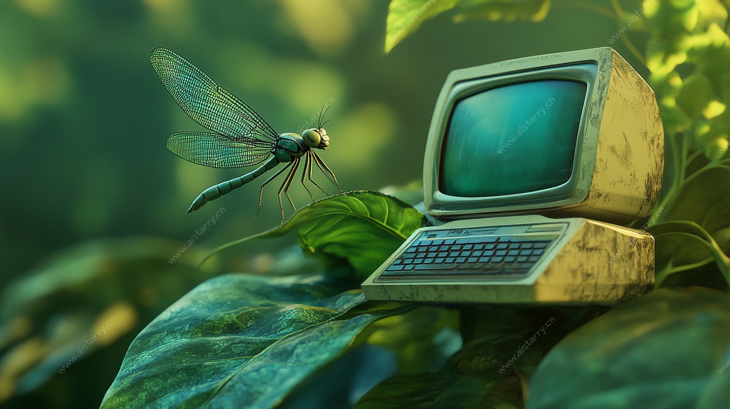 复古电脑与蜻蜓奇幻景象