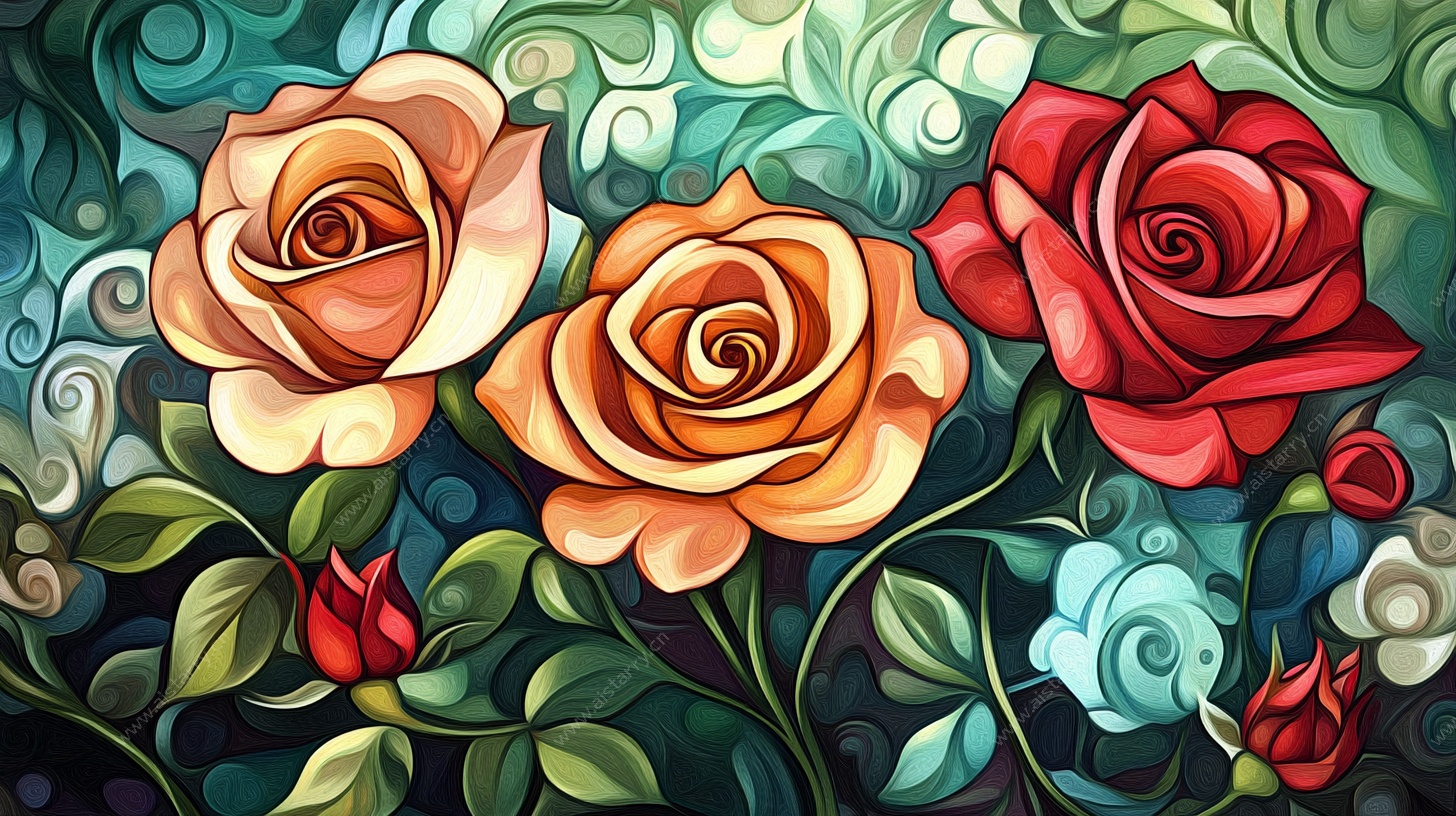 绚丽多彩三朵玫瑰插画