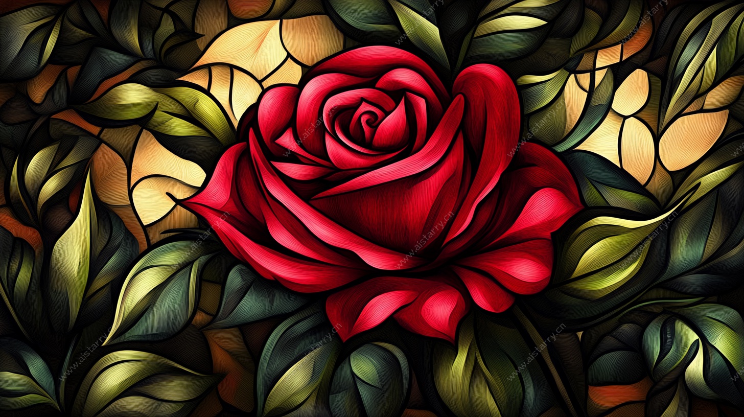 红玫瑰玻璃画艺术插画