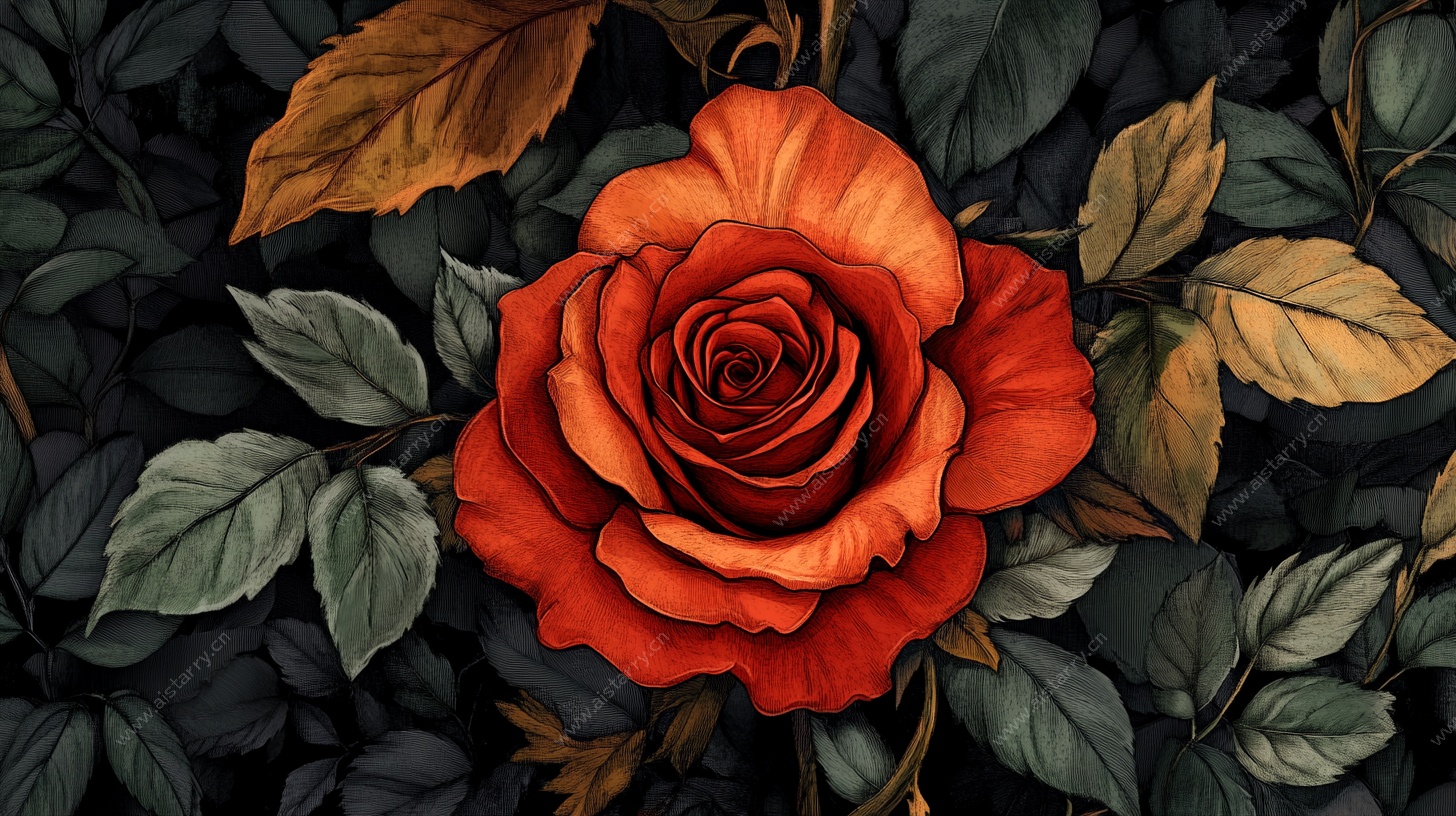 红玫瑰与绿叶装饰图案