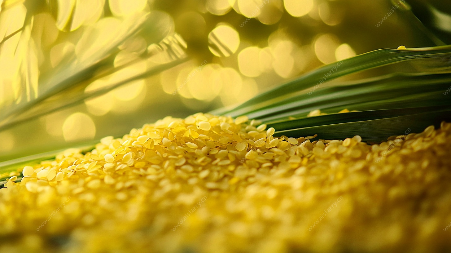 金黄小米与绿叶的静物美