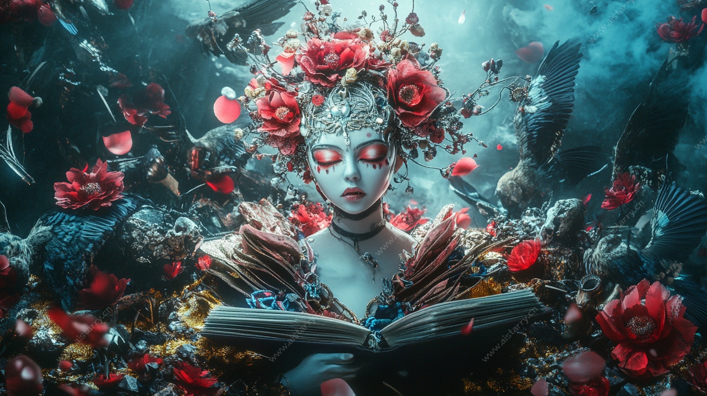 奇幻花饰女巫阅读之景