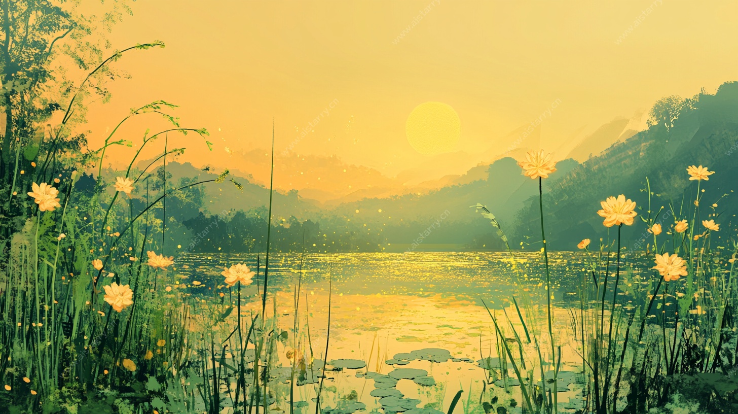 湖畔黄昏野花景