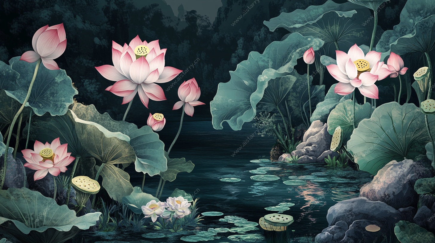 水墨荷塘花卉图