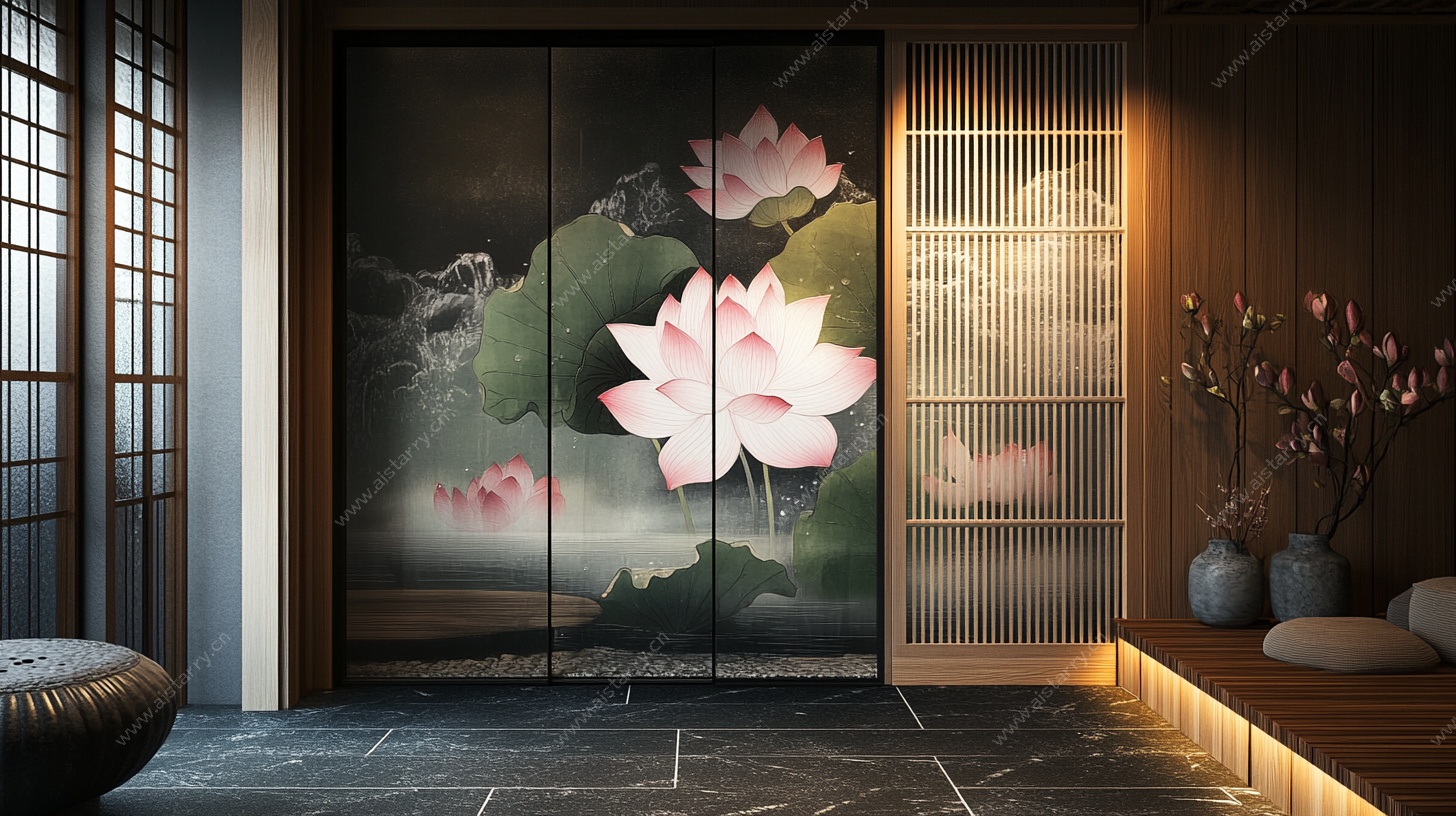 中式荷花屏风室内景致