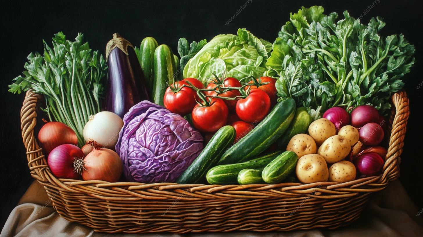 满载鲜蔬的田园风菜篮