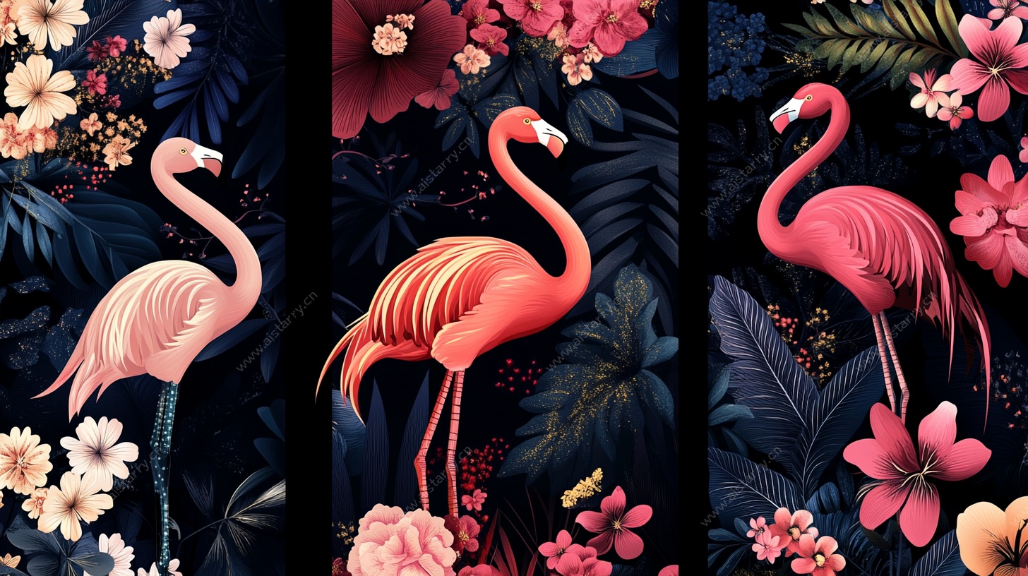 火烈鸟与繁花的热带风情画