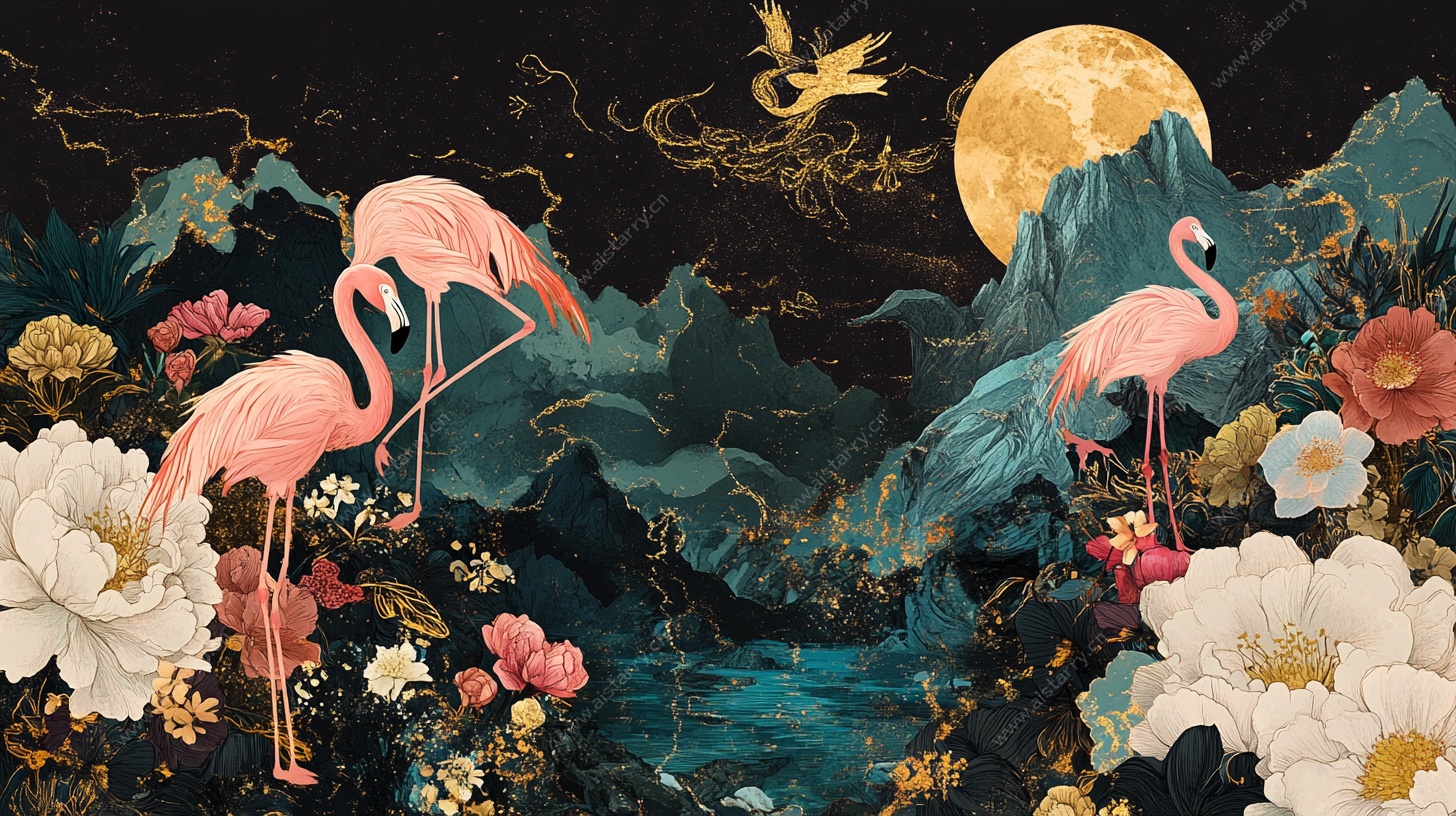 火烈鸟月夜繁花山水图