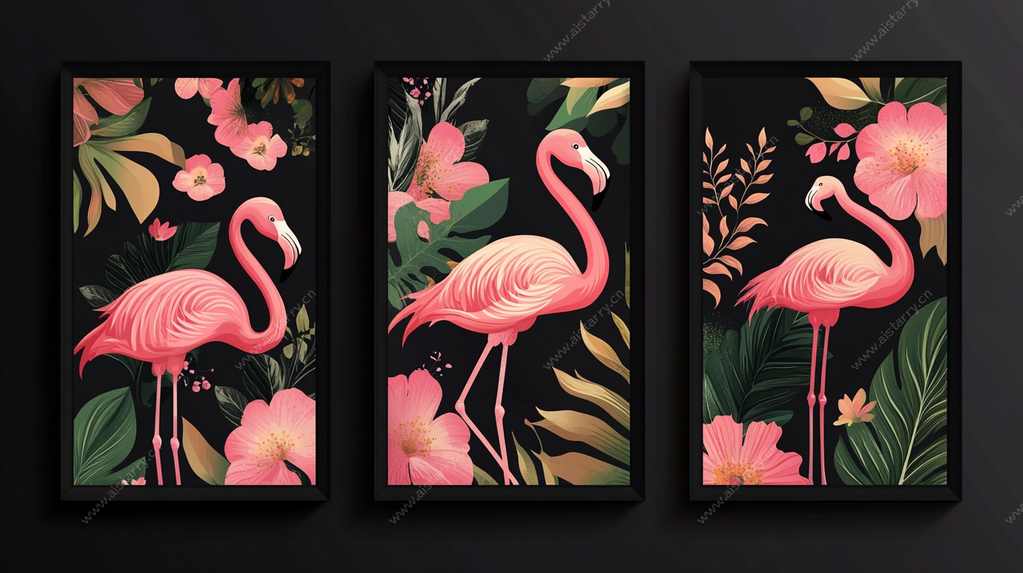三联火烈鸟花卉装饰画