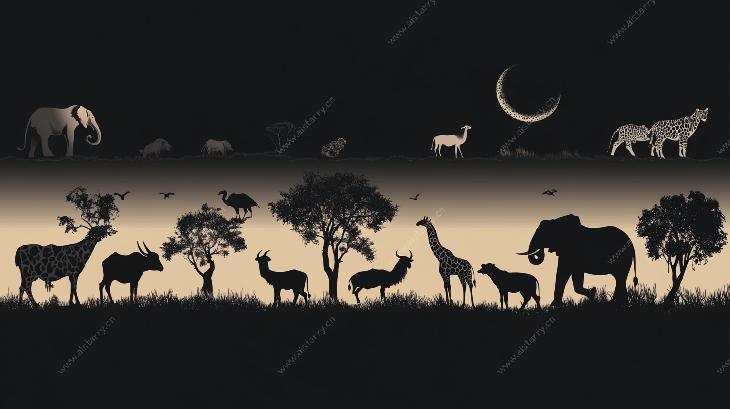 非洲草原月夜动物剪影
