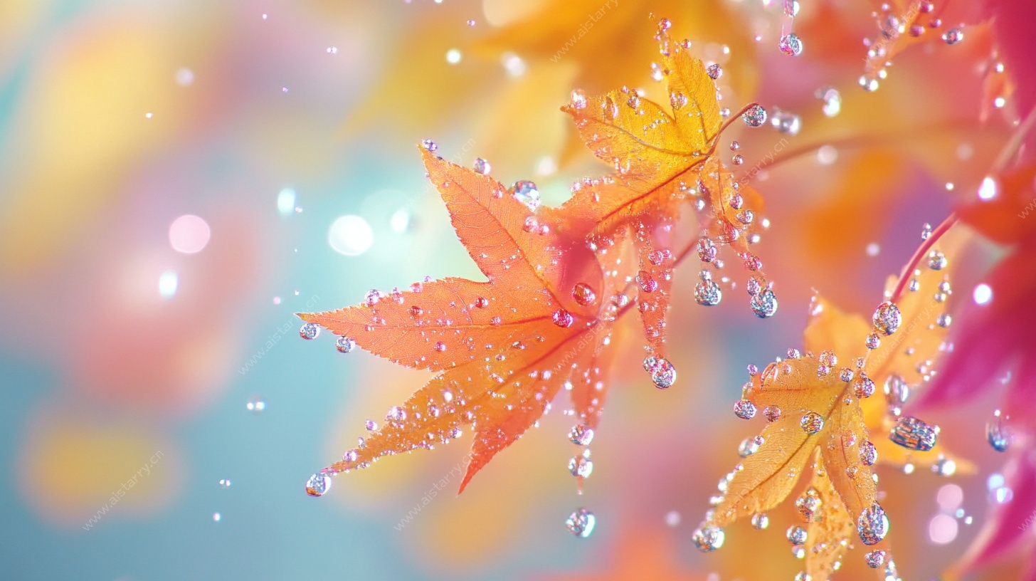 秋日露珠枫叶梦幻图景