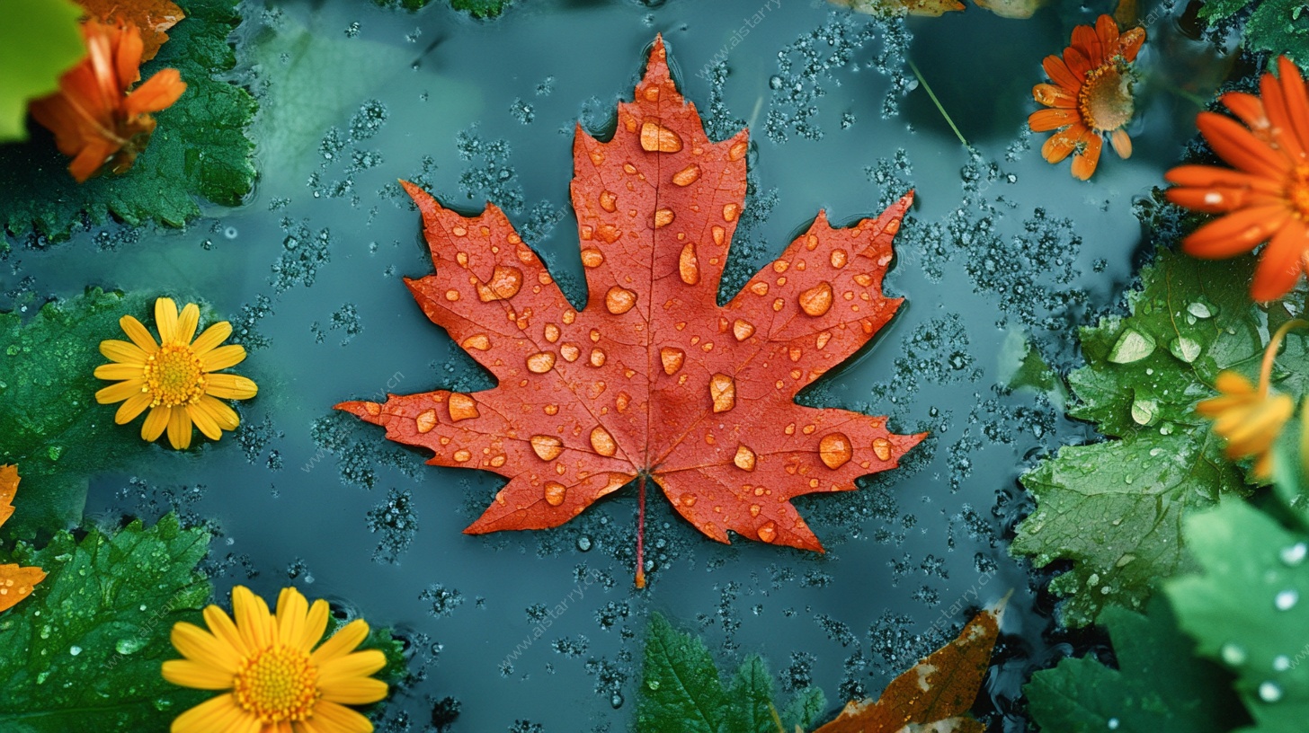 红枫叶与小花的清新组合