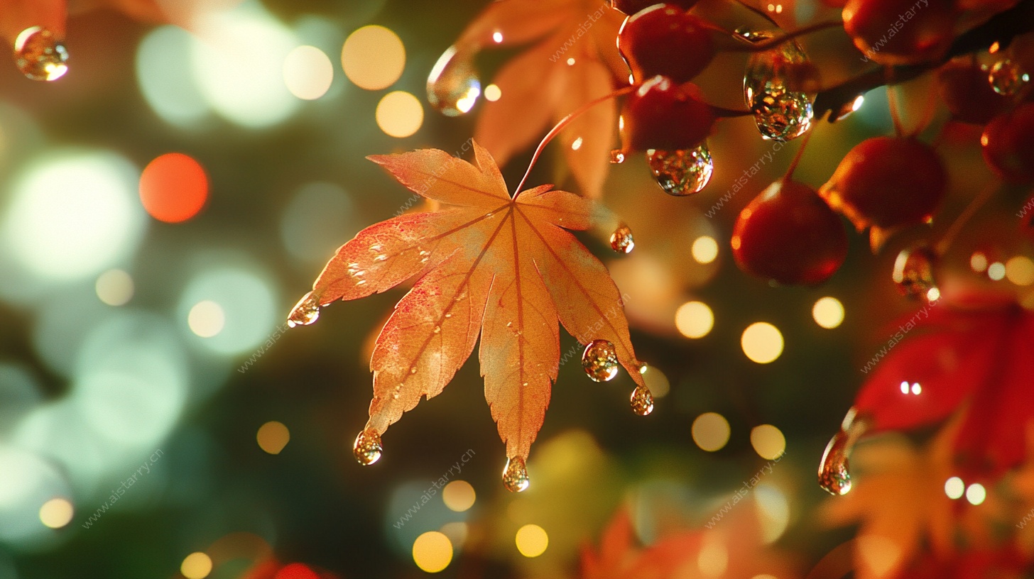 秋日枫叶露珠梦幻景象