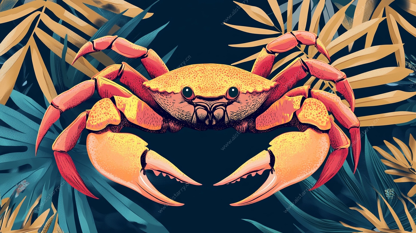 螃蟹与热带植物插画