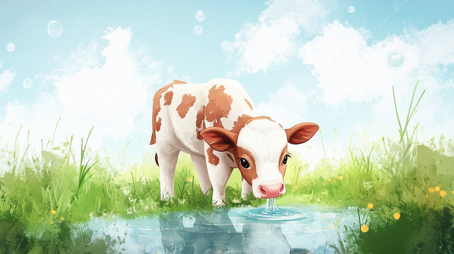 可爱小牛草地饮水插画