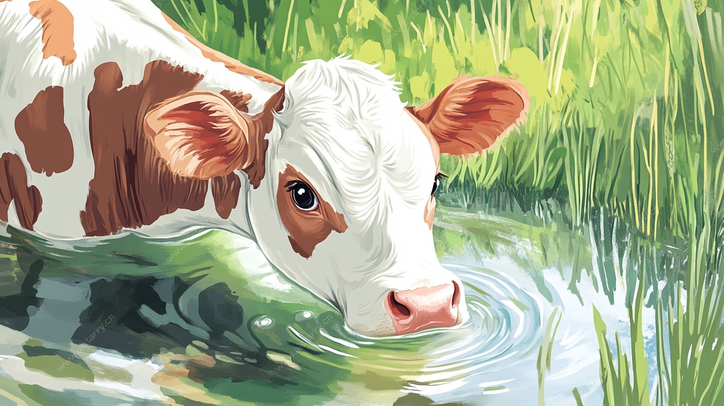 水中休憩的斑点小牛