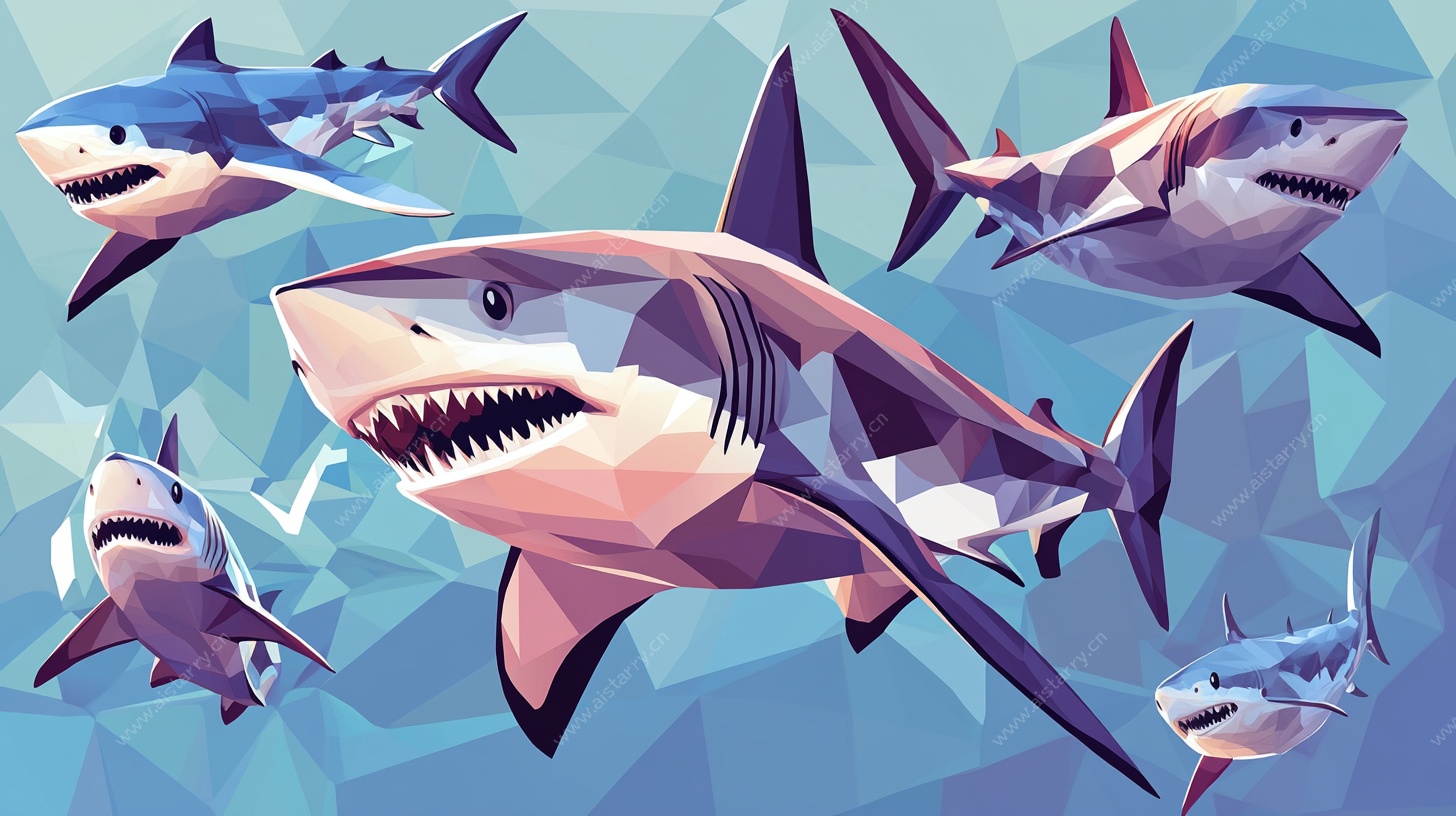 鲨鱼群的低多边形插画