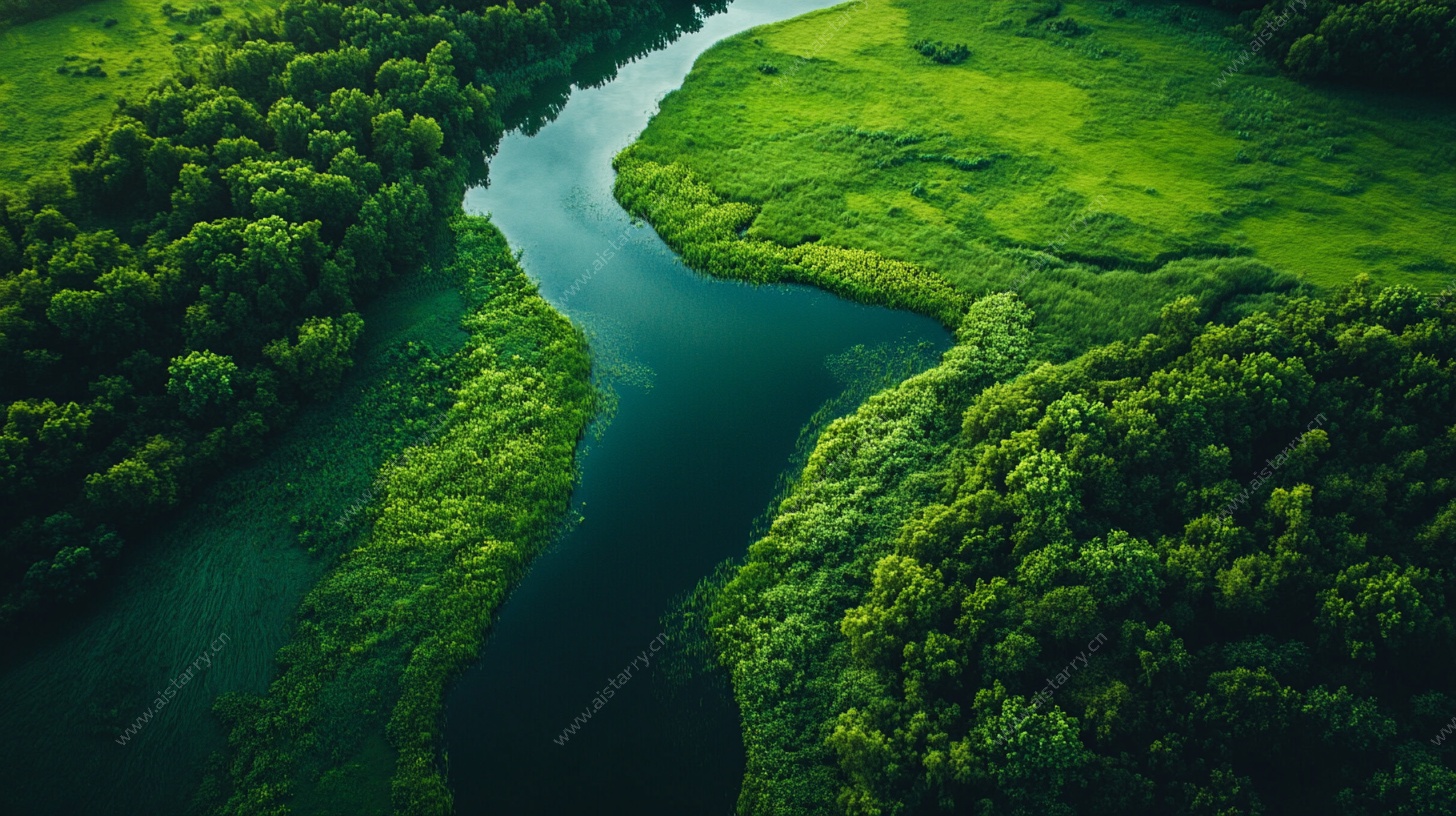 空中俯瞰蜿蜒绿野河流