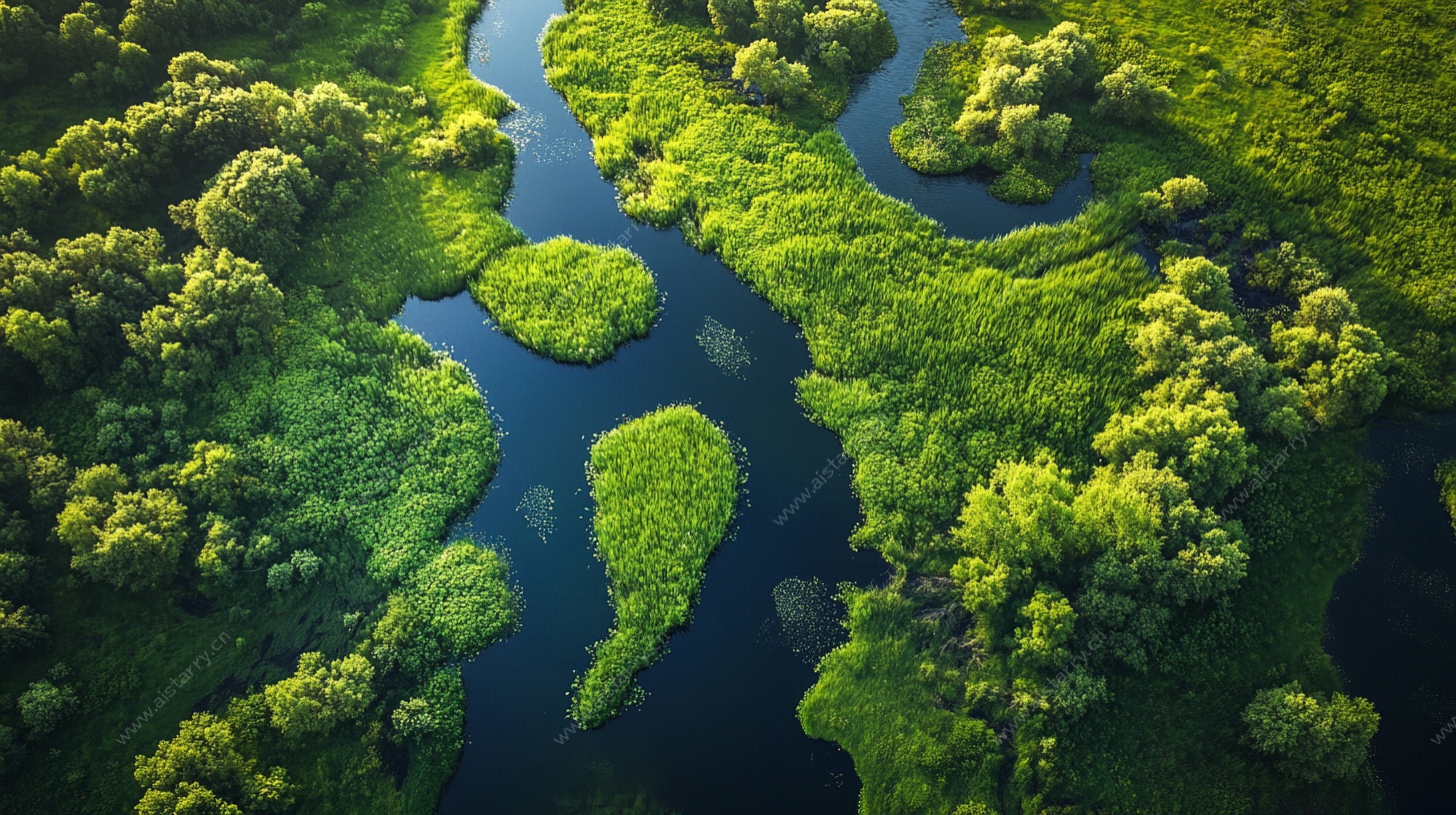 空中俯瞰葱郁湿地河流