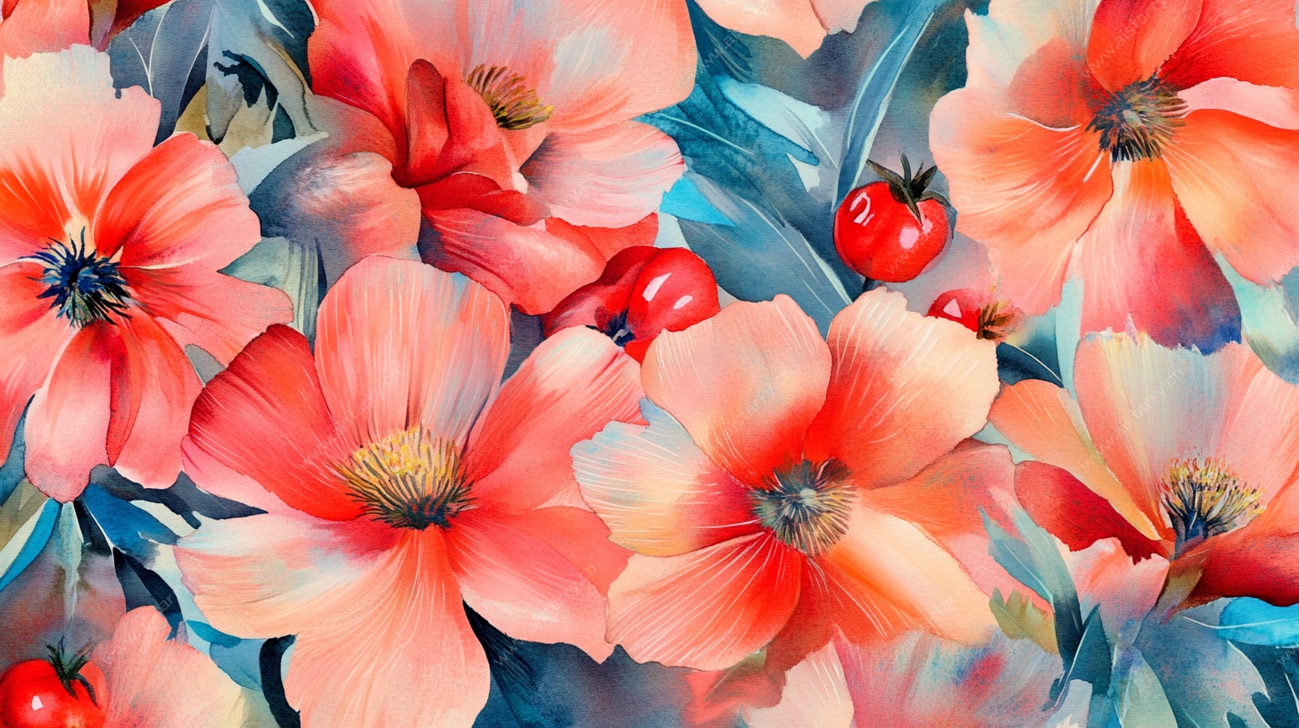 艳丽花卉水彩插画