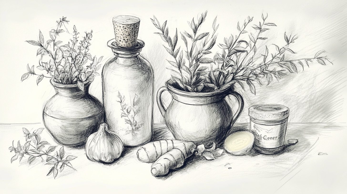手绘瓶罐草药静物素描