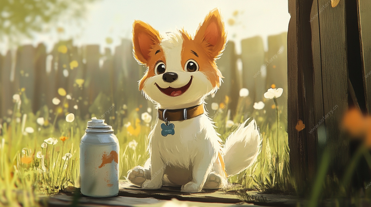 可爱小狗坐于田园草地间