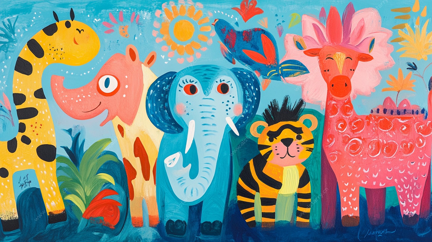 多彩动物欢乐聚会插画