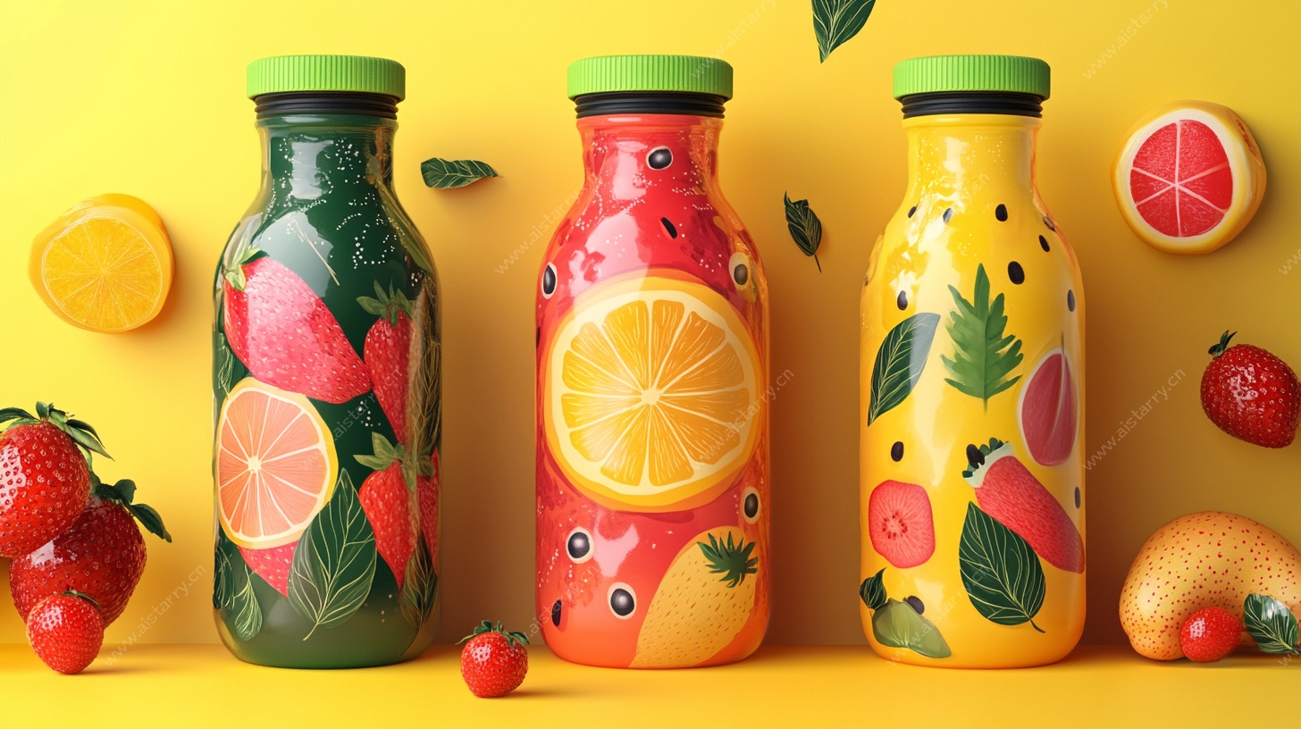 多彩水果瓶果汁插画展示
