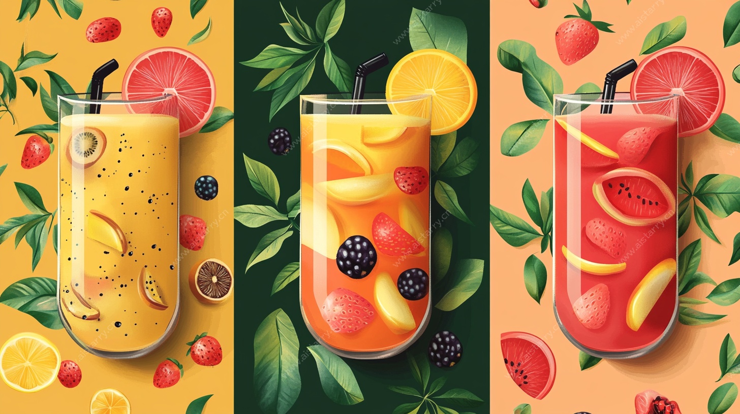 三款缤纷水果饮品插画