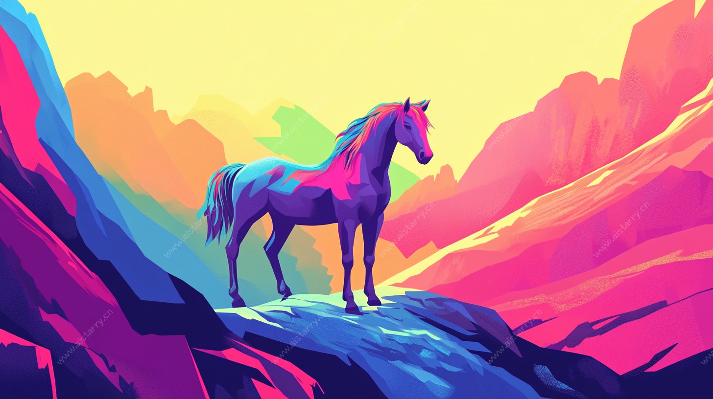 彩色骏马立于绚烂山峦间