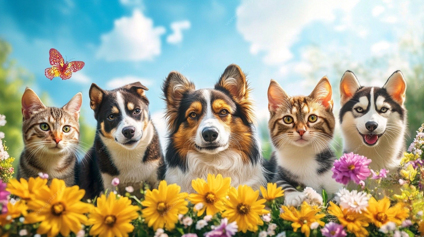 猫狗同框的春日美好画面