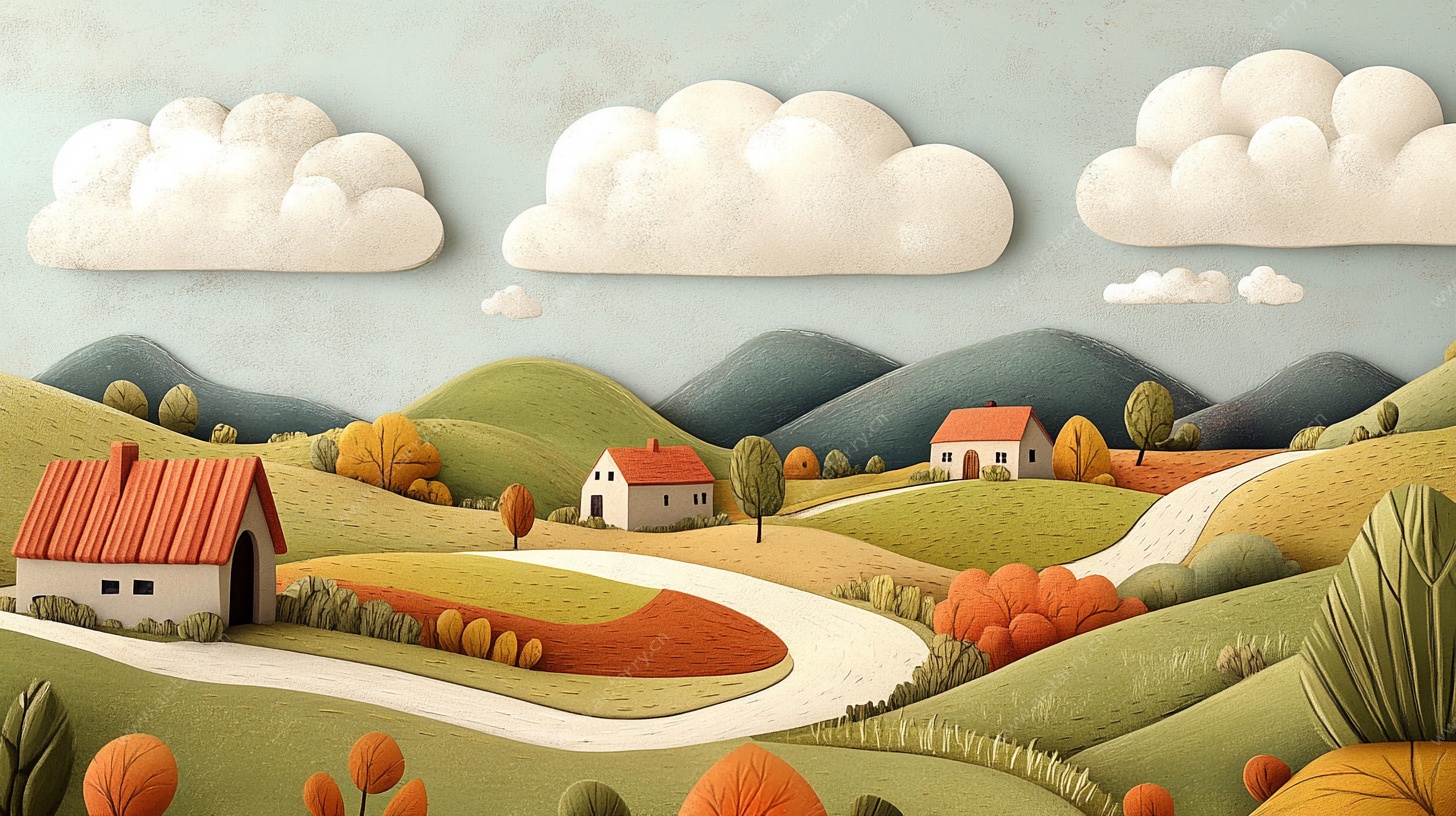 田园风光剪纸风插画