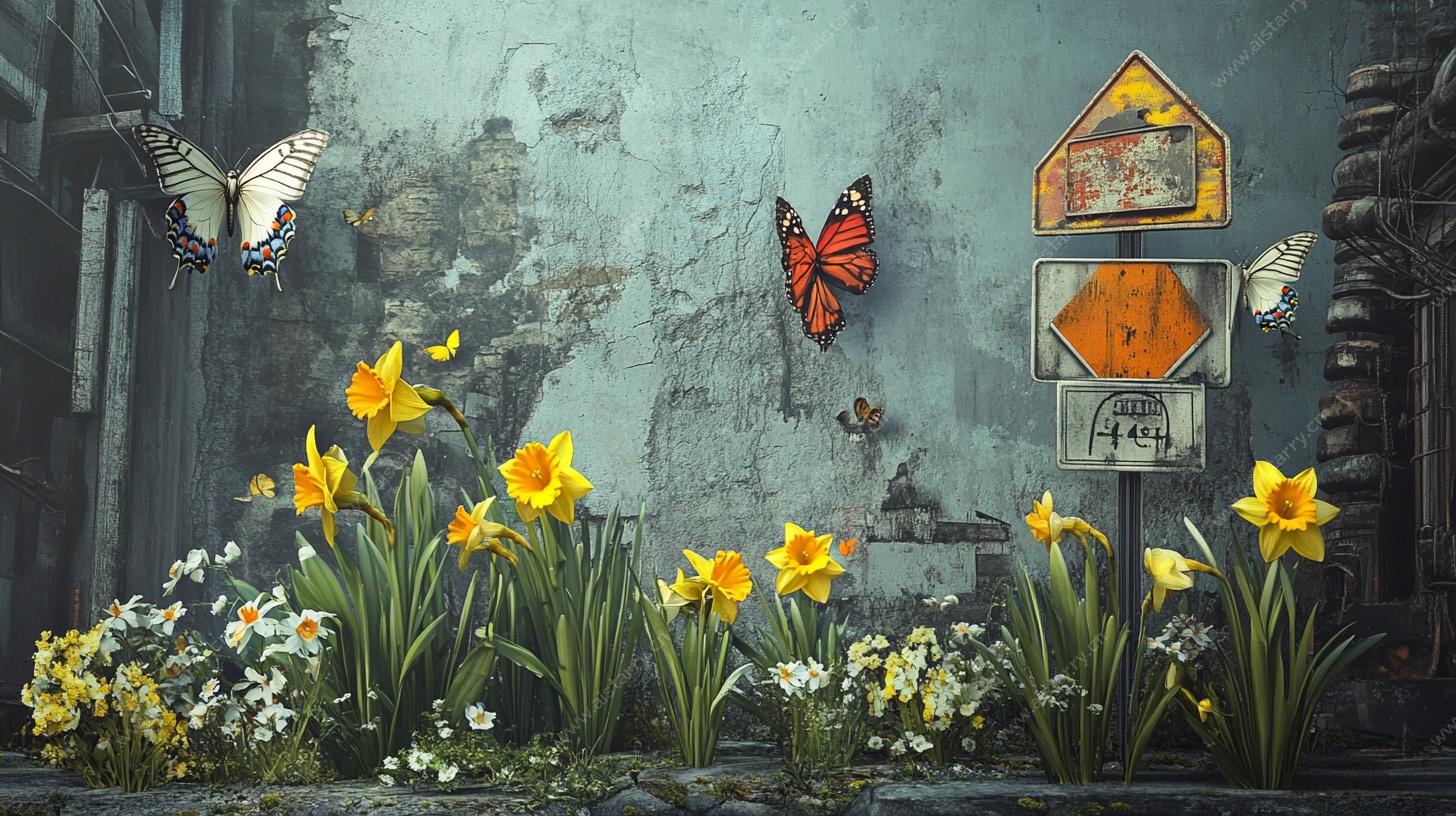 废墟中的春日花卉与蝶景