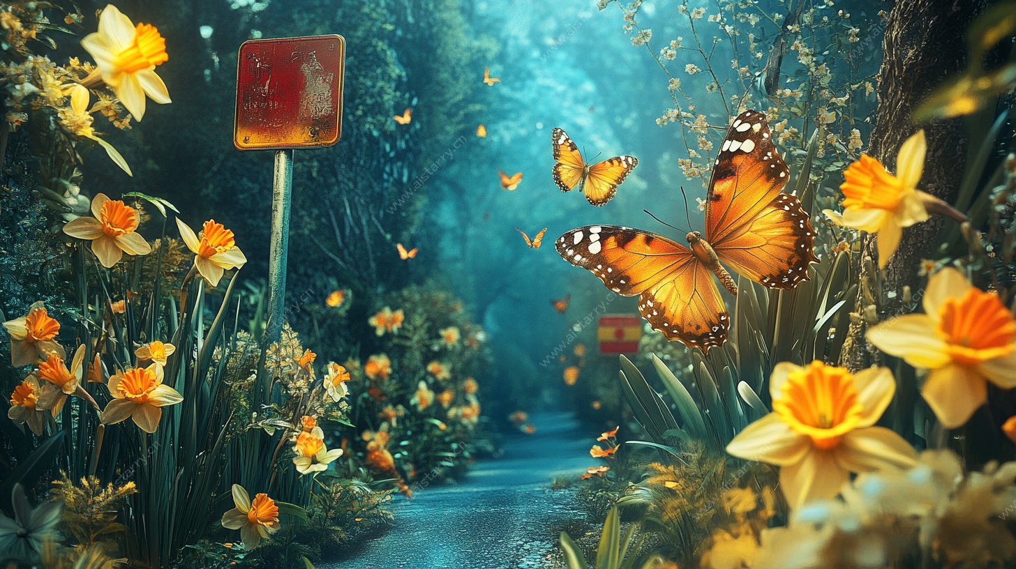 梦幻花径蝴蝶飞舞图景