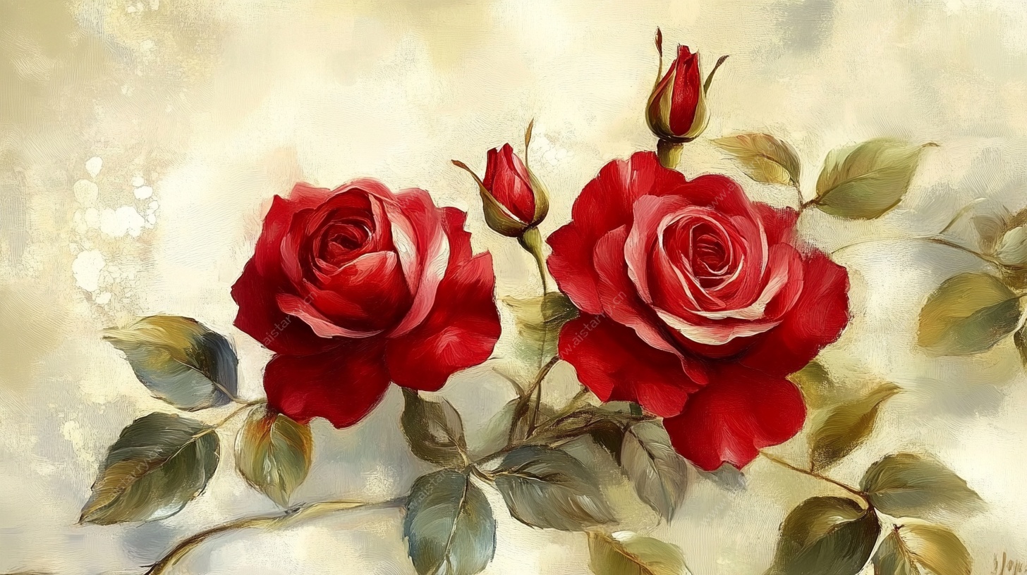 娇艳红玫瑰油画花卉图