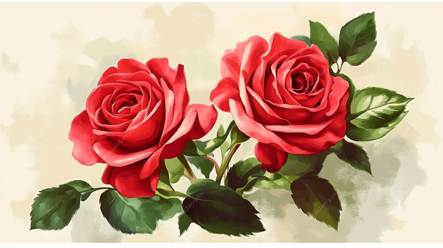 两朵娇艳红玫瑰水彩画