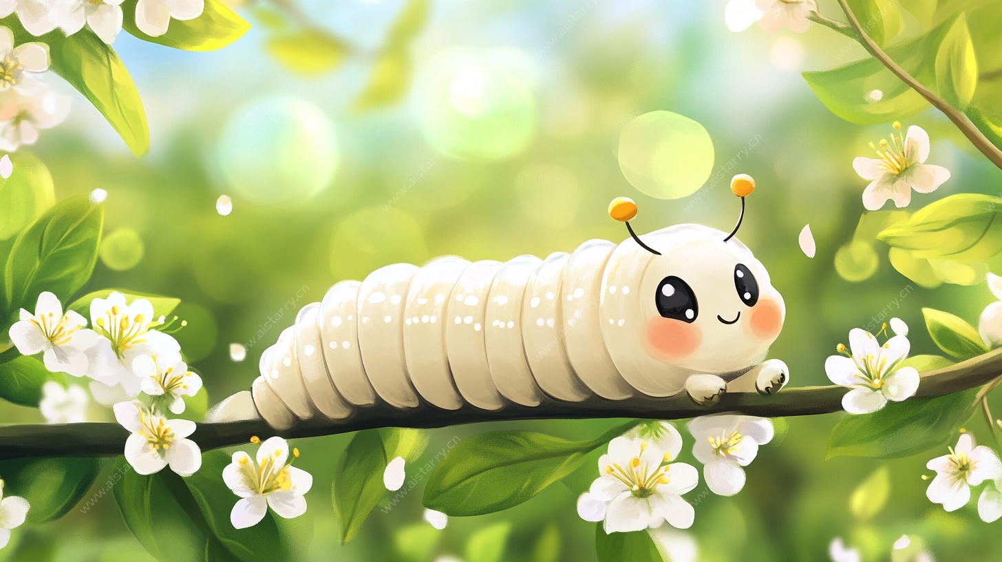 可爱蚕宝宝栖息花枝间