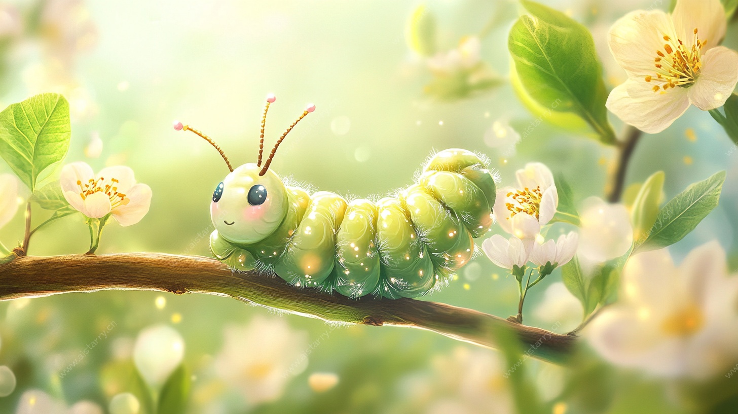 可爱毛毛虫栖于繁花枝头