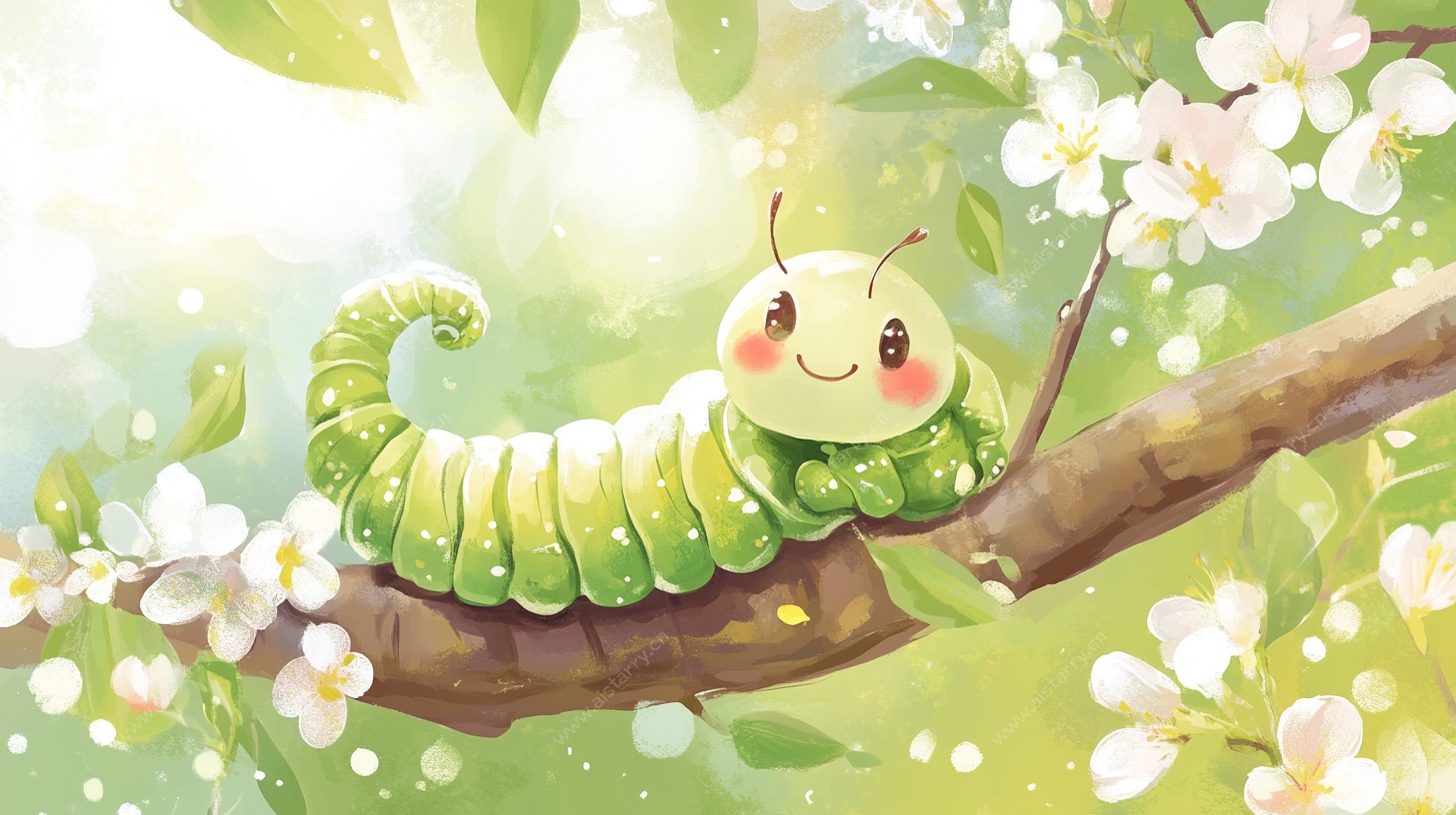 枝头萌趣毛毛虫插画