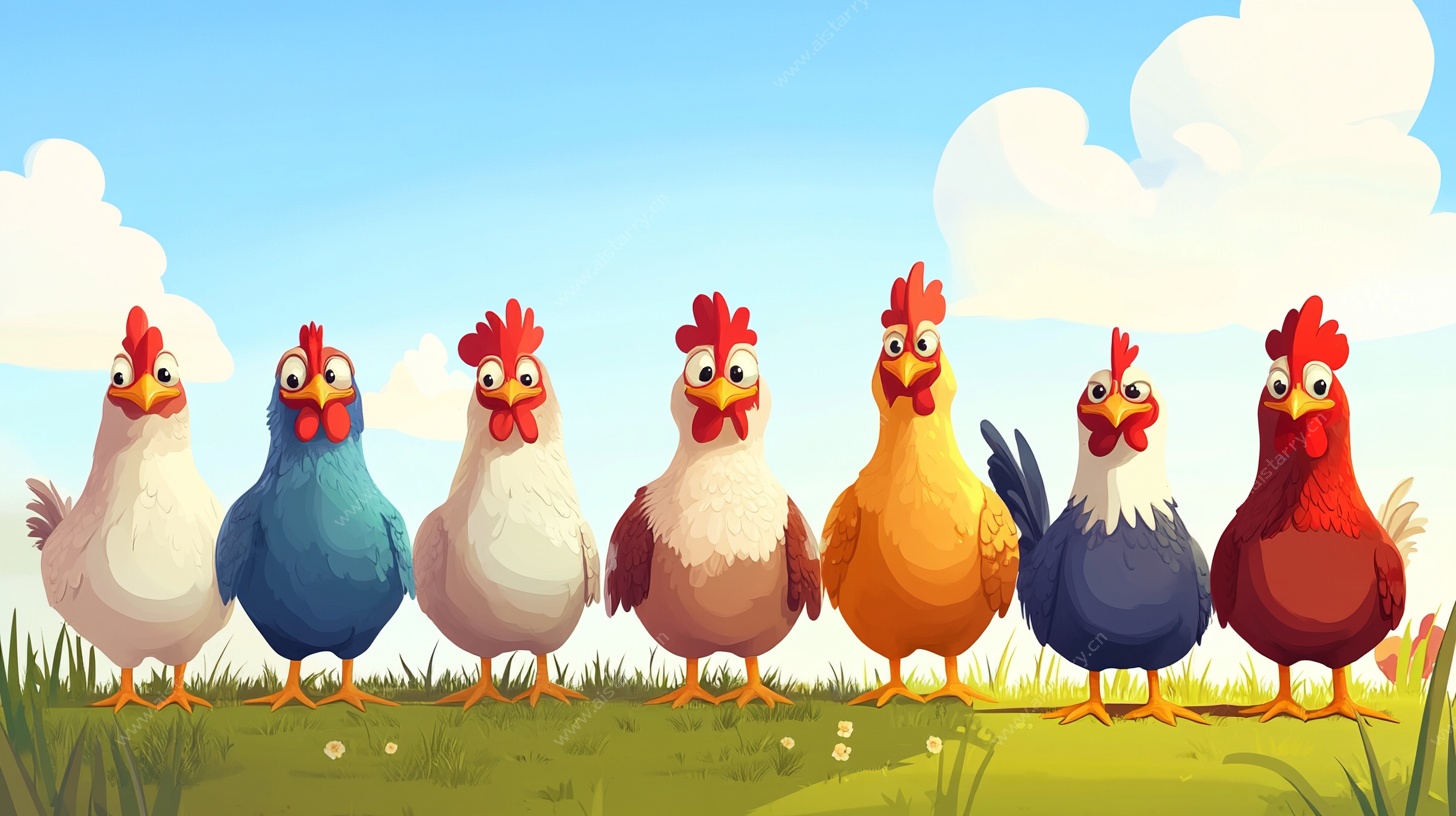 一排多彩鸡的田园场景
